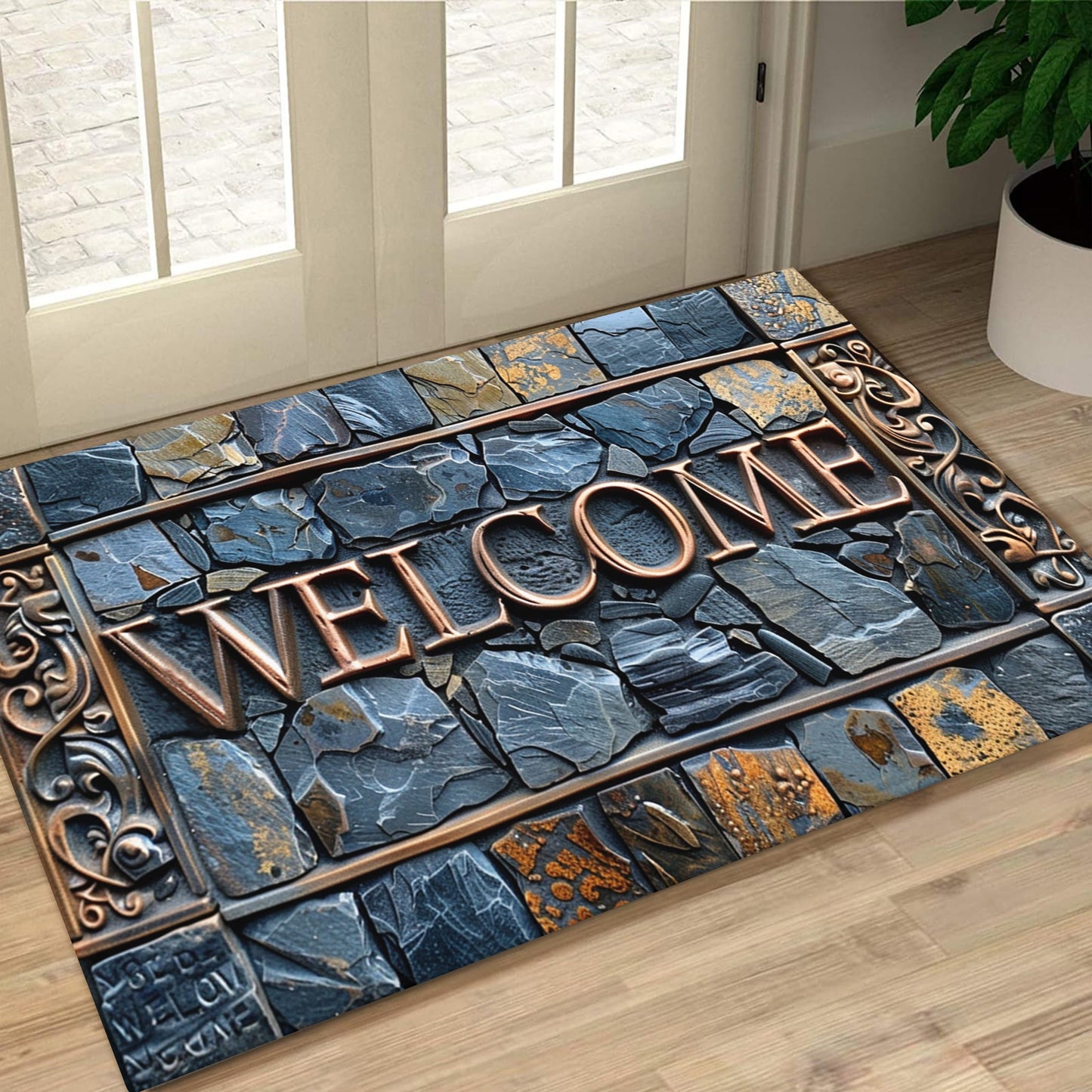 3D Real Stone Pattern Cobblestone Welcome Mat - Durable, Non-Slip & Waterproof, Easy to Clean Polyester Mat for Home Decor, Ideal for Entryway, Living Room, Bathroom, and Outdoor Spaces.