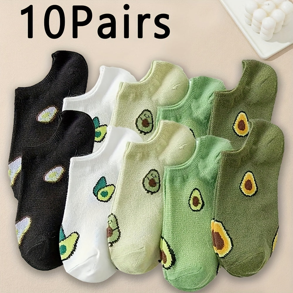 5 pairs of soft and lightweight low cut ankle socks featuring an avocado print, suitable for women.