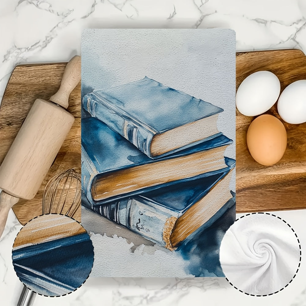 2 pieces of ultra soft kitchen towels featuring a contemporary hardcover book design. These towels are highly absorbent, machine washable, and perfect for drying dishes and hands. They have a coastal decor theme and measure 40.64x60.96 cm.