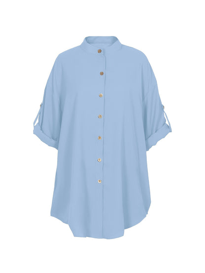 Women's Plus Size Casual Button-Up Shirt in Light Blue with Short Sleeves and Front Pocket, Ideal for Spring/Summer/Fall, Relaxed Fit, Non-Stretch Fabric.