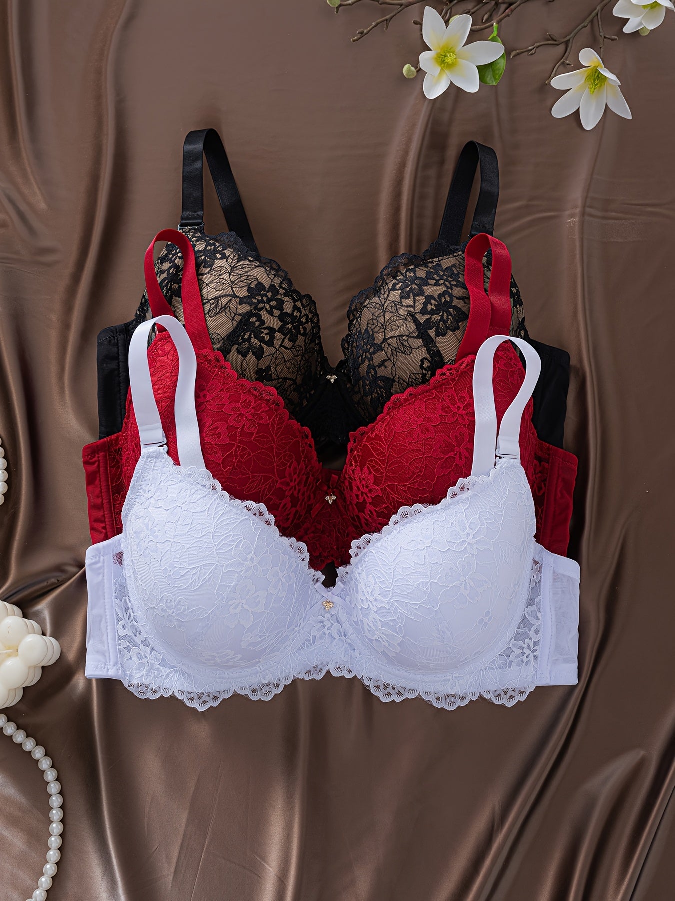 3 elegant lace bras with underwire in plus size and thick design, in black & white floral lace, red lace with scalloped trim. Non-removable pads. Hand washable.