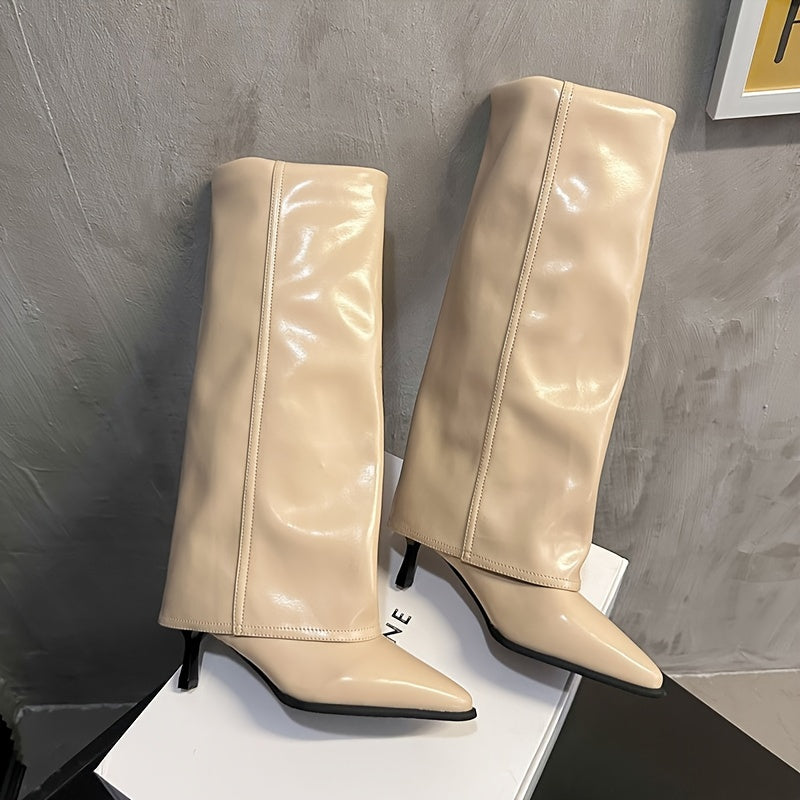 Stylish mid-calf stiletto boots for women in black, cream, and brown. Comfortable PU cover with rubber sole, perfect for daily wear and travel.