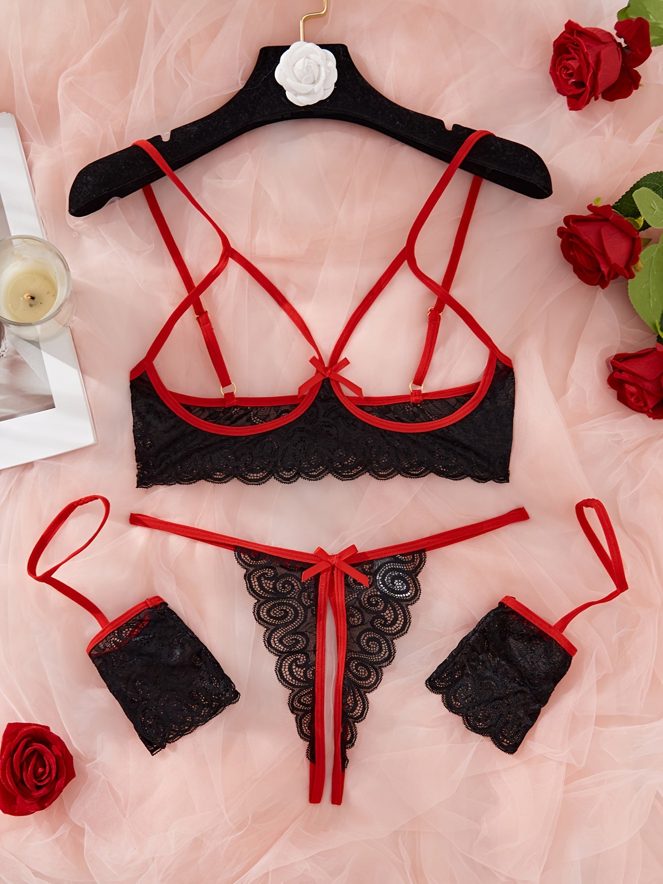 Spaghetti straps lingerie set with lace detail, featuring open crotch thong.