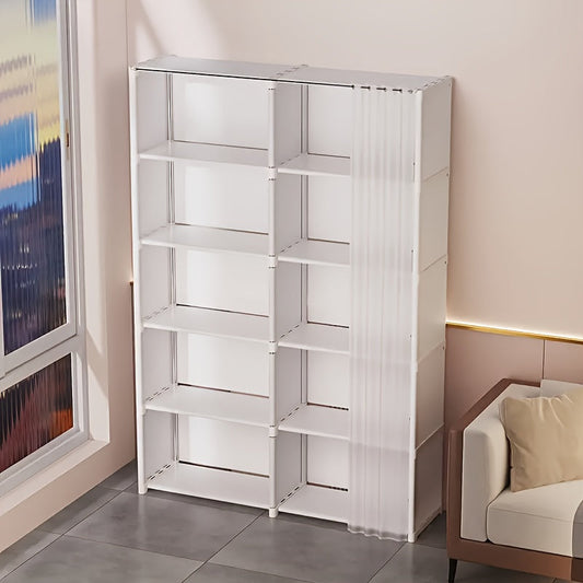 Simple to put together, this multi-layer storage organizer is made of metal and has dustproof shelving. It is perfect for use in bedrooms, classrooms, rentals, and dorm rooms. The freestanding closet system has over 3.2 cubic feet of enclosed storage