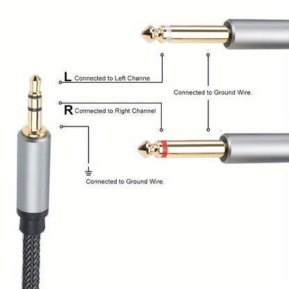 3.5mm to 6.35mm 2-in-1 audio cable with nylon mesh aluminum alloy construction. High-fidelity sound quality for PC, phone, tablet, and MP3 with 3.5mm jack; speaker, guitar, microphone