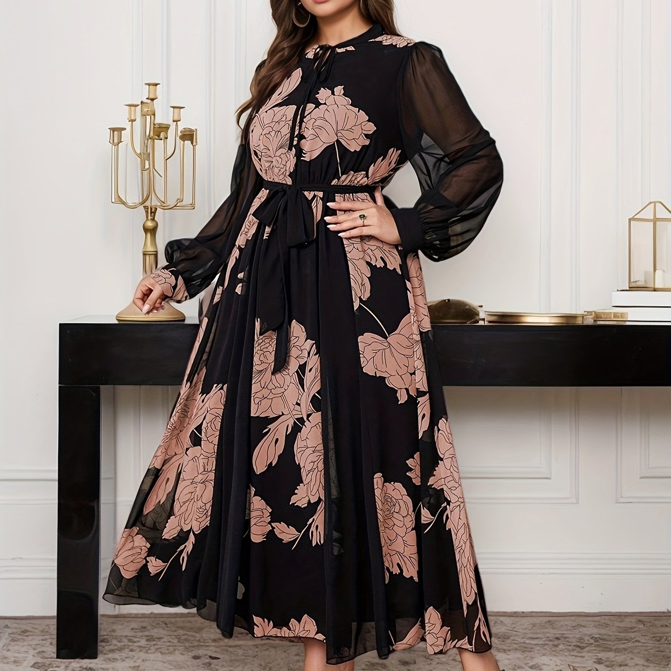 Plus size chiffon dress with floral print, lantern sleeves, A-line silhouette, tie waist detail, and mid-length, made of polyester for spring/autumn wear.