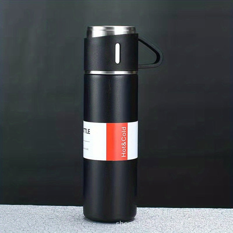 Business thermal mug with stainless steel thermo material, 500ml capacity, vacuum insulated bottle with cup for hot and cold drinks.