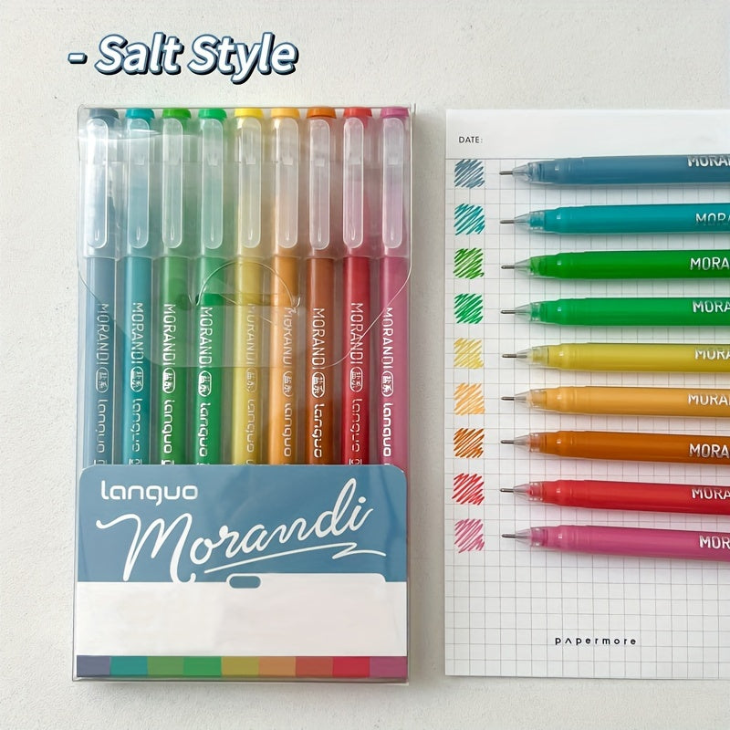 1pc, 9pcs Morandi Retro Color Palette Handwriting Pens with stackable color ink refills.