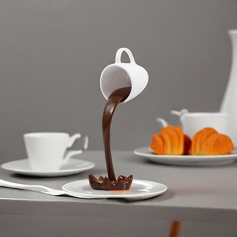 1pc Creative Inverted Floating Resin Coffee Cup Decoration with water overflow effect, perfect for room and office decor or as a unique gift for Halloween and other festivals.