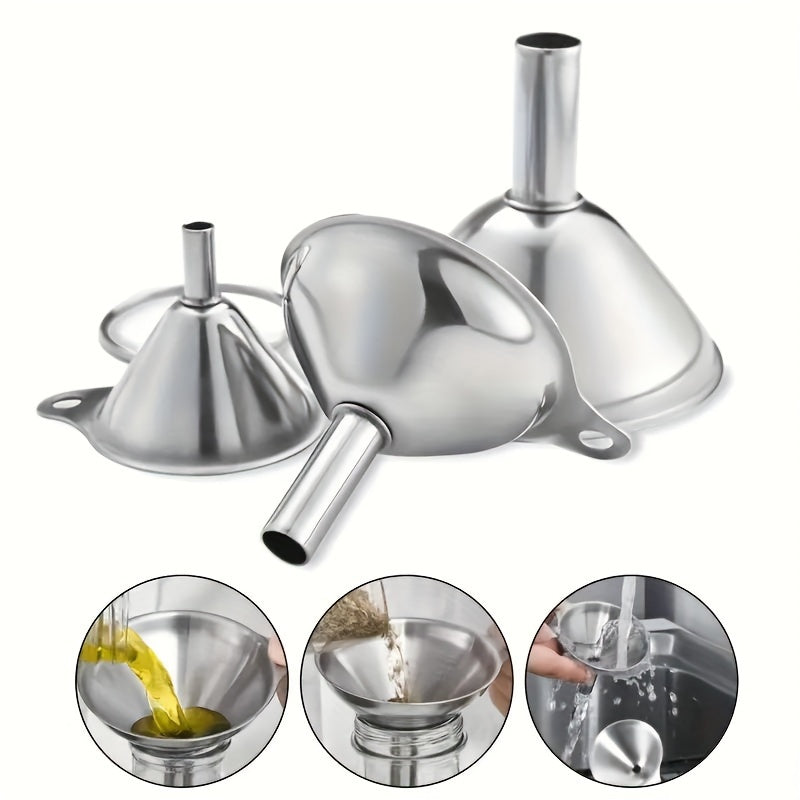 Set of 3 Multi-Purpose Funnels - Constructed from Stainless Steel with Heat Resistance, Ideal for Pouring and Measuring Various Liquids such as Milk, Wine, Oil, Juice, Honey, and Sauces - Must-Have Kitchen Tools for Every Day Cooking and Baking