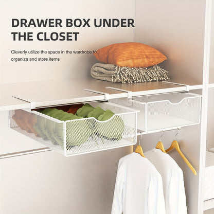 A compact underwear organizer with pull-out hanging storage for bras, socks, and panties. Features a polished metal finish and can be used as a portable closet drawer divider.