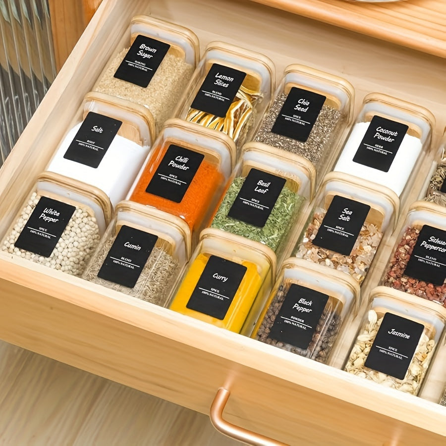 12 glass spice jars with bamboo lids, airtight and reusable for kitchen storage and organization. Includes waterproof labels.