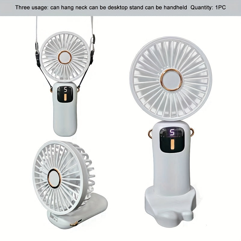 Rechargeable USB Handheld Fan with Quiet Operation and Foldable Neck Design, Ideal for Desk, Office, Bedroom, Outdoor Travel, Camping, and School. Features High-Velocity Cooling, 1200mAh Lithium Battery, Wearable Design, and Easy Button Control. Perfect