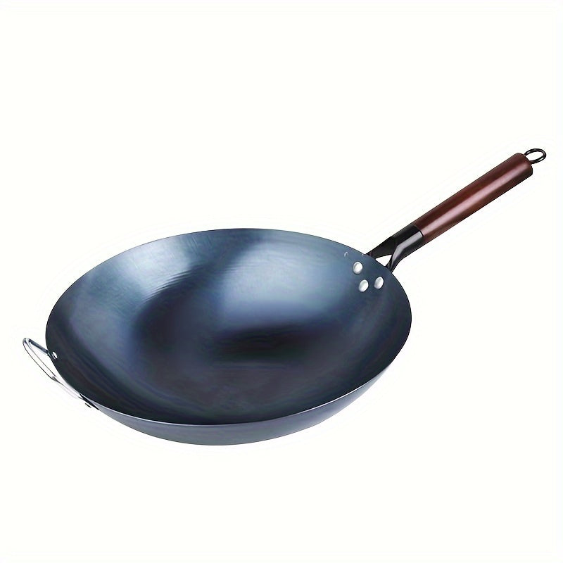 Hand-Forged Non-Stick Cast Iron Wok with Detachable Wooden Handle - 32.0cm Size, Ideal for Gas Stoves and Essential for Home Kitchen Use