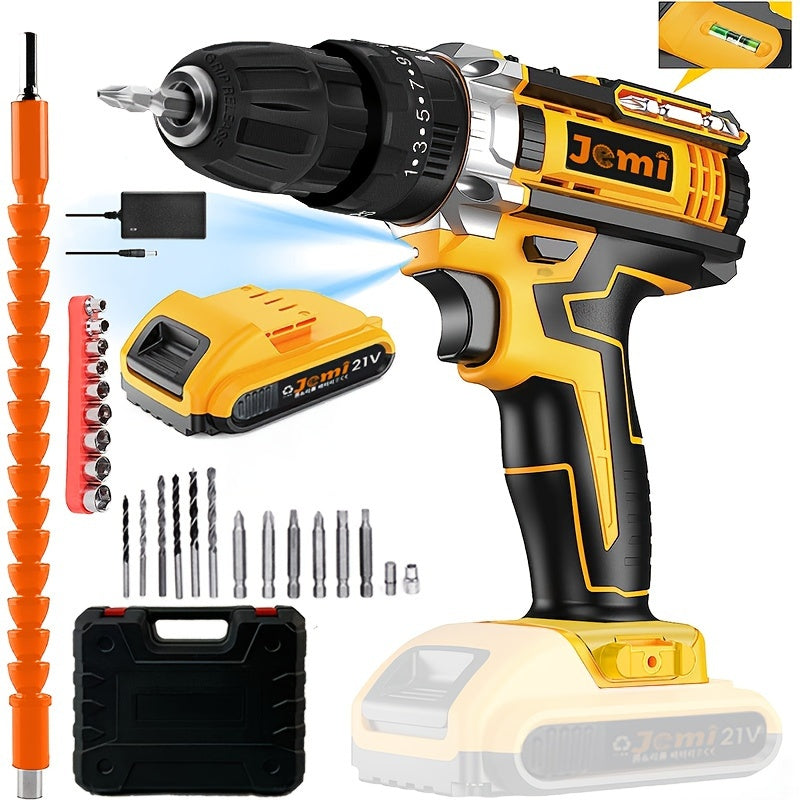 Jemi Tool 21V Cordless Drill Set with 23pcs and 3/8" Keyless Chuck, featuring 25 3 Clutch Drill with Work Light, Max Torque 45Nm and 2 Speeds.