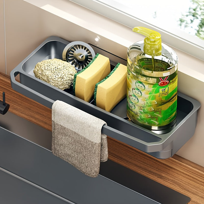 White Plastic Wall-Mounted Kitchen Sink Organizer with Towel Holder - Space-Saving Design for Sponges, Soap, and Cleaning Tools. Perfect for Home Kitchen Sink Accessories.