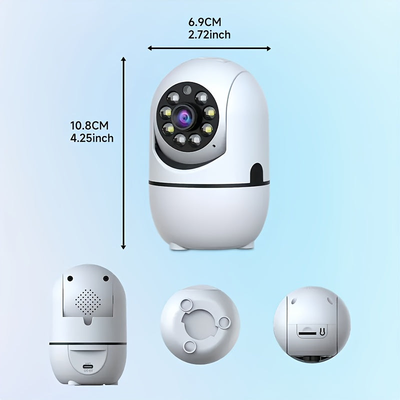 One piece Smart WiFi Security Camera with 1080P HD PTZ, 360° Pan and 110° Tilt capabilities. Features include Auto Tracking, Night Vision, Motion and Audio Detection. Connects wirelessly via 2.4G, powered by USB. Ideal for home surveillance and