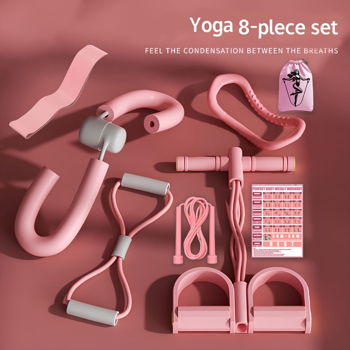 8pcs Yoga Fitness Set made of EVA material. Includes foot stretchers, leg beauty clips, jump rope, yoga rings, 8-shaped stretchers, resistance bands, action guide, and drawstring storage