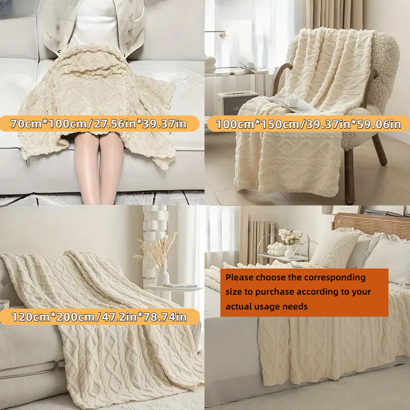 Cozy coral fleece blanket in chic diamond pattern. Ultra-soft, warm, and comfortable for bed, sofa, or travel. Available in beige, green, pink, and blue. Made of lightweight polyester. Hand wash only.