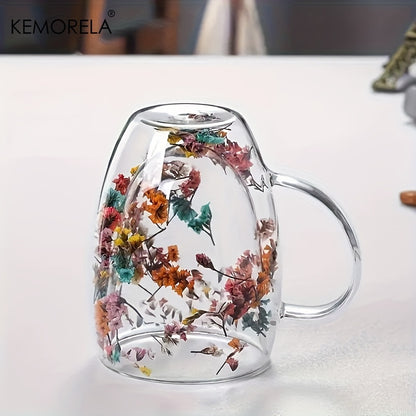 Set of 1/2/4/6, 11.8oz creative double-layer glass mug with real flower filling and handle, 350ml capacity. Made with high borosilicate glass.