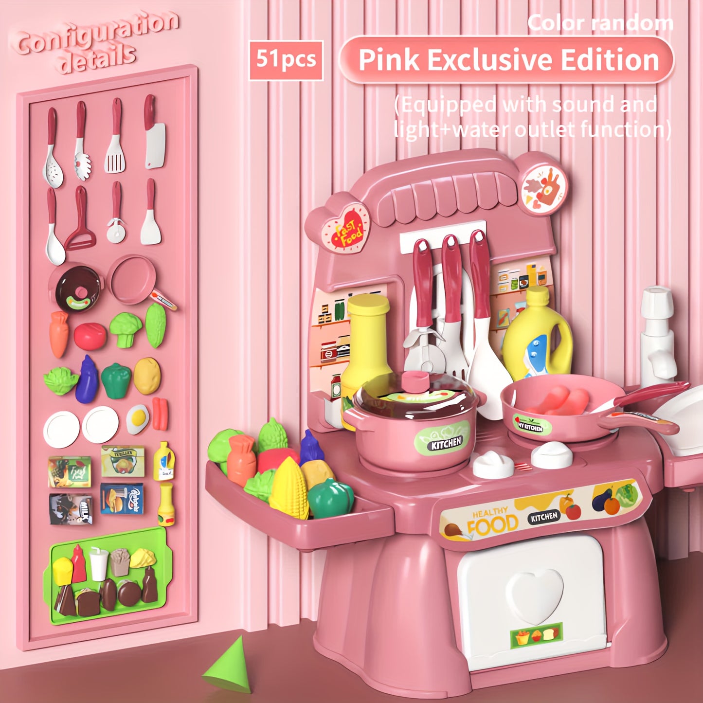 Pink Kids Kitchen toy set with light and sound features, including food and utensils for pretend cooking and chef role play. Fun and stress-relieving toy.