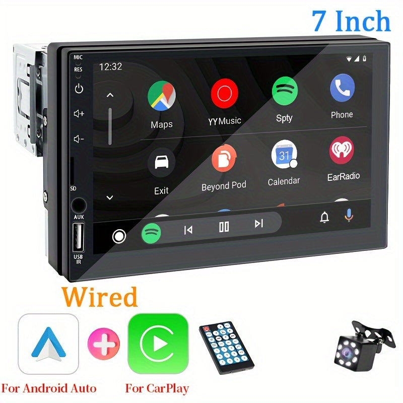 Compact single DIN car multimedia player with 17.78cm HD touch screen, support for wired CarPlay and AndroidAuto, MirrorLink, navigation and music connection. Features touch buttons