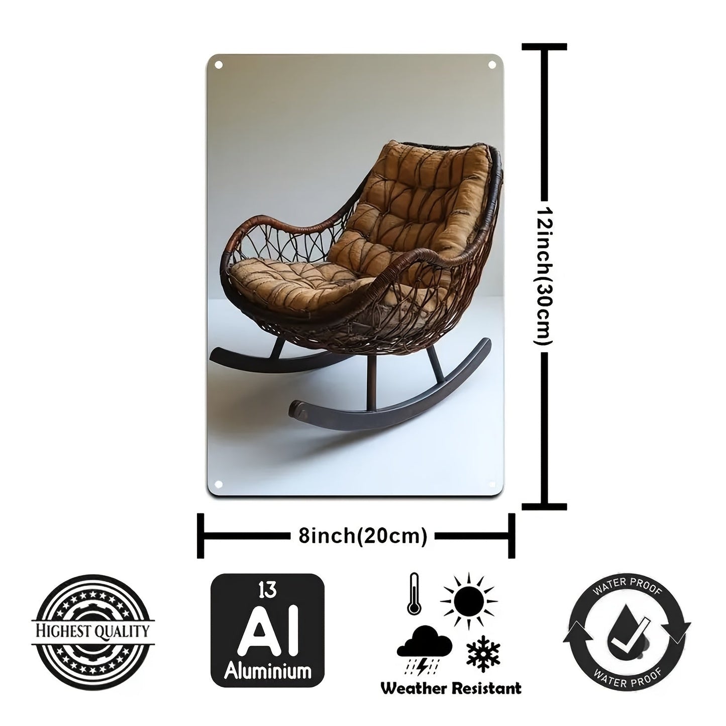 Stylish Metal and Rattan Rocking Chair Wall Decor - Timeless Vertical Square Artwork with Luxurious Upholstery and Wooden Legs for Home or Office, Simple to Hang