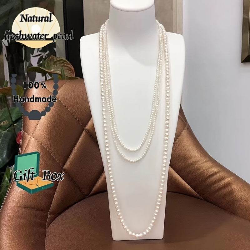 This multi-layered freshwater pearl sweater necklace exudes elegance with its combination of 3-4mm and 7-8mm beads. Perfect for special occasions such as dates, weddings, proposals, Mother's Day, Valentine's, and anniversaries. Comes in a gift box for a