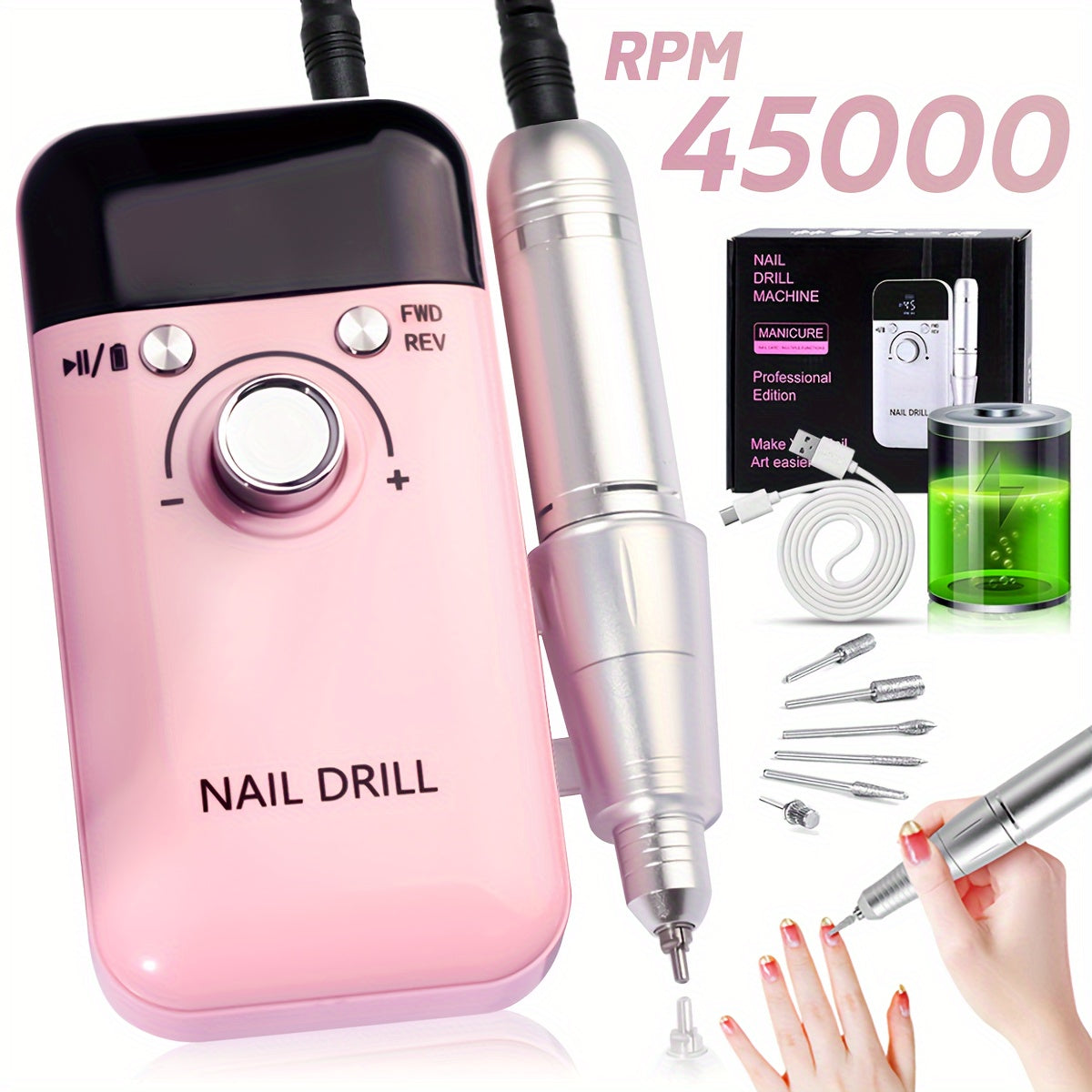 45000RPM Nail Polisher with Digital Display, Portable Wireless Gel and Nail Polish Polishing Machine for Manicure Salon.