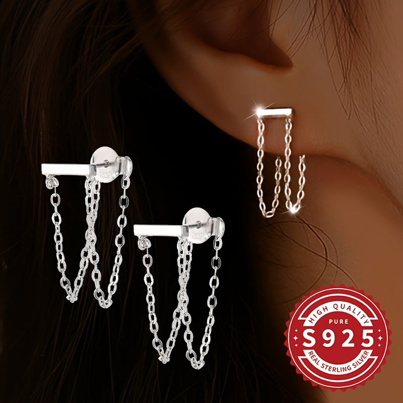 These chic ladies' earrings feature double chain tassels crafted from S925 silver, offering a stylish and minimalistic design perfect for both daily wear and special occasions. Lightweight at 1.88g, these earrings are hypoallergenic for comfortable wear.