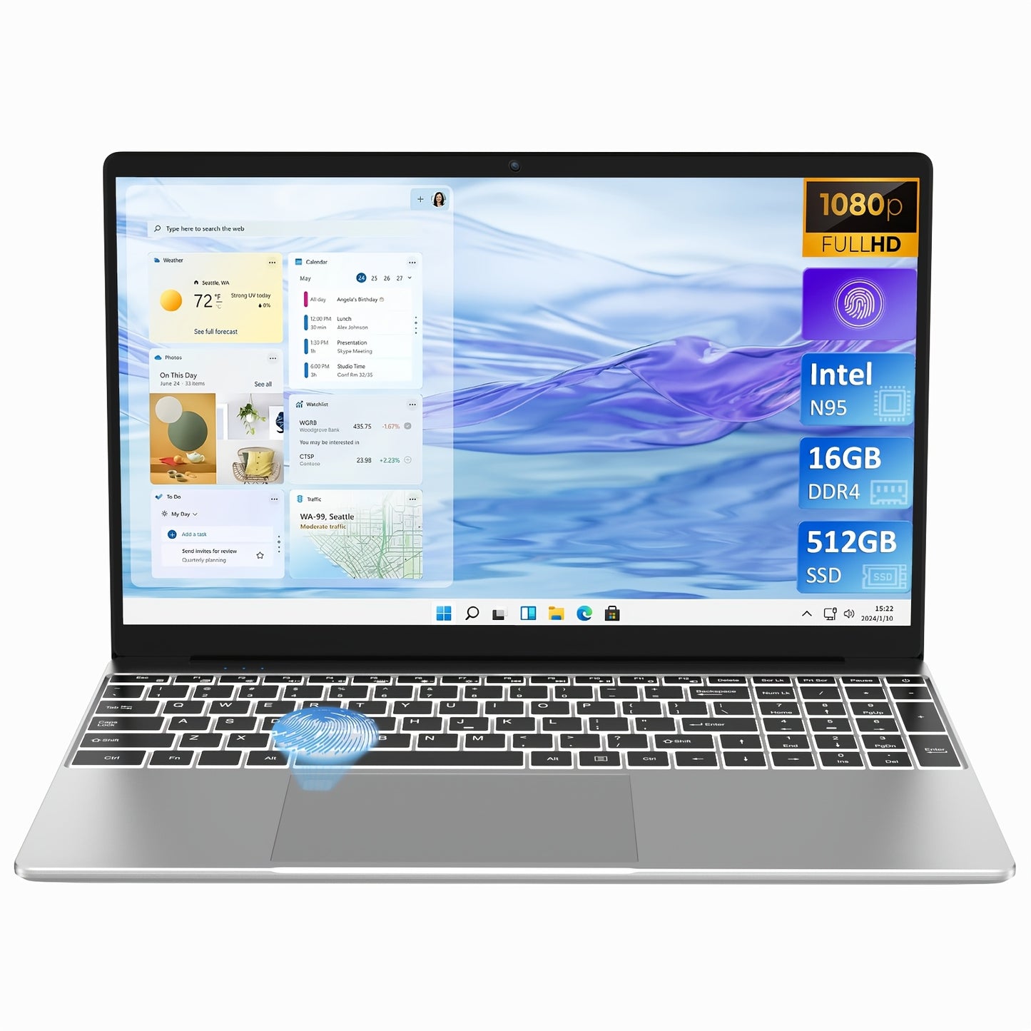 Auusda 39.62cm Laptop with 16GB DDR4, 512GB SSD, Intel N95 Up to 3.4GHz, Backlit Keyboard, Fingerprint Reader, FHD IPS LCD, Webcam, Mini HDTV, USB-A x2, Windows 11 Pro - Stylish & Powerful