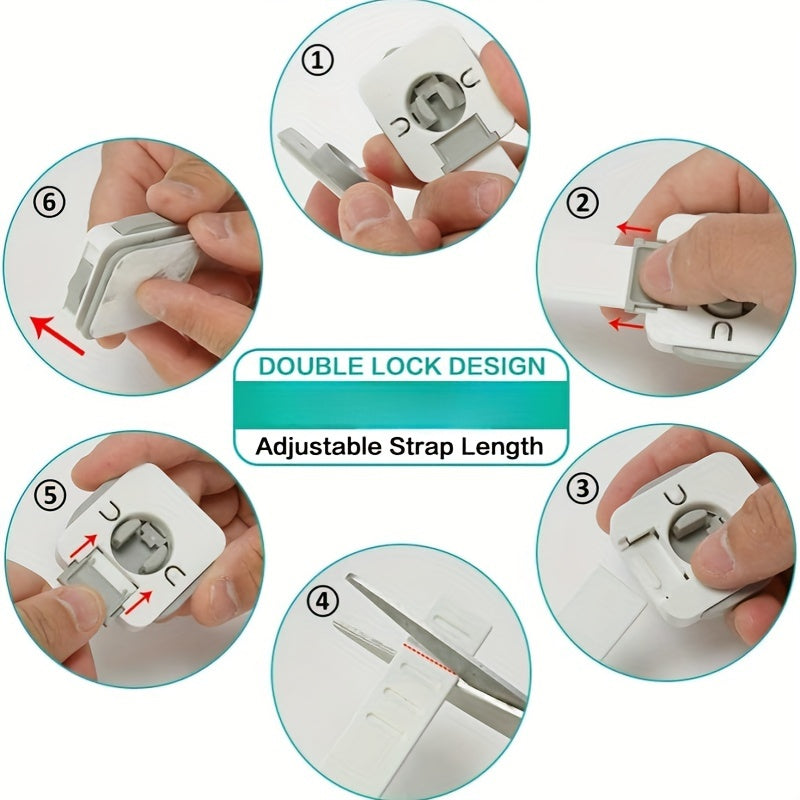 Set of 4 Gray Safety Strap Locks for securing fridge, drawers, oven, cabinets, toilet, dishwasher without the need for drilling. Features adhesive for easy installation.