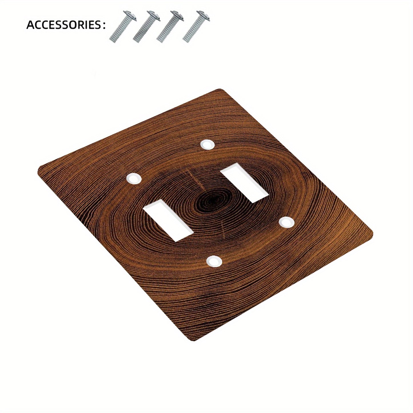 Wood wall panel with decorative light switch and socket cover featuring wood grain ring pattern. Easy to install indoors or outdoors without needing power.