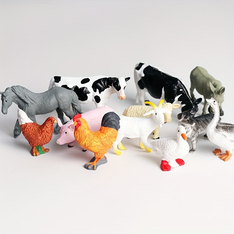 12-piece Farm Animal Figures Set for children aged 3-6, educational PVC miniature play animals featuring chickens, ducks, geese, horses, and cows for science and cognitive development.