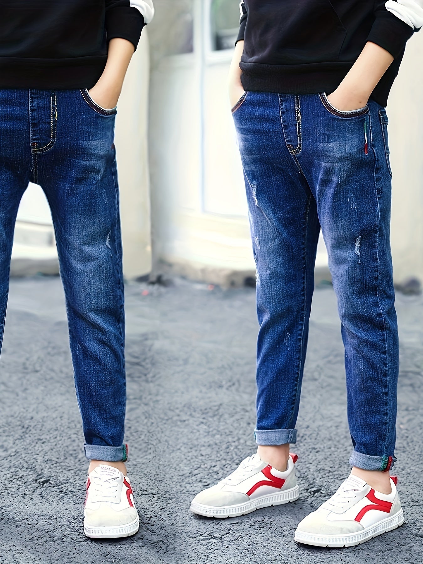 Boys' denim long pants for older kids, suitable for spring, summer, and autumn, in a casual style.