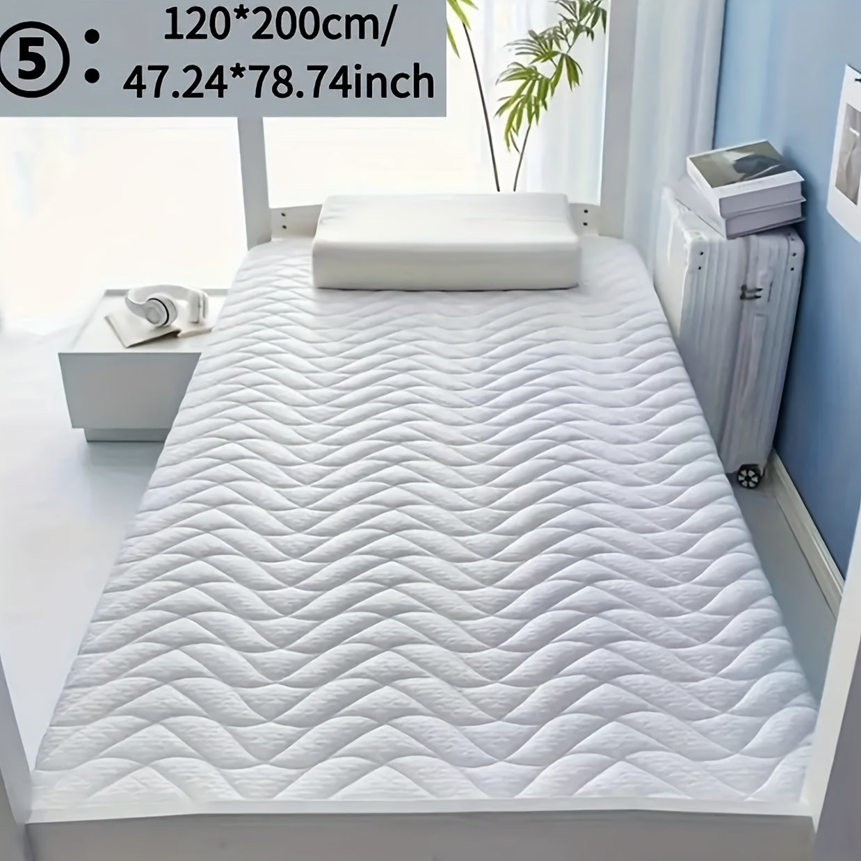 Mattress pad, 6-8cm thick, high elastic, breathable, non-slip, foldable, spot-clean, 100% polyester, woven fabric, 200-250gsm. Pillow not included.