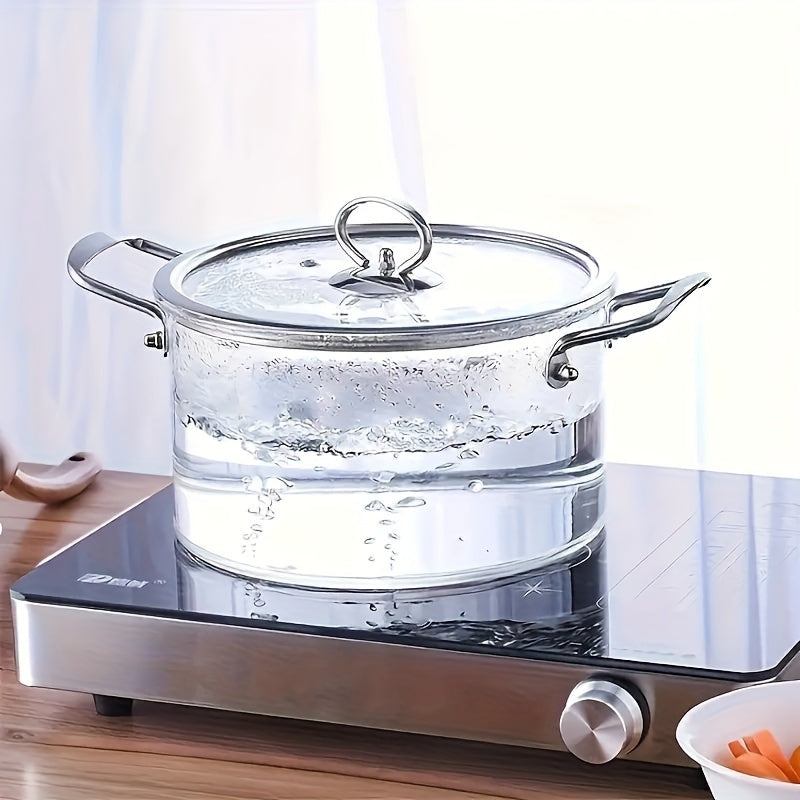 One piece of large-capacity high-boron-silicon glass soup pot with double ears and lid, featuring a stainless steel handle. Suitable for use on household electric ceramic stoves for heating and cooking various dishes such as noodles and stews.