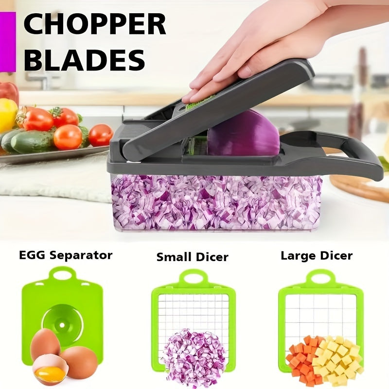 Set of 16 pieces including a vegetable chopper, multifunctional fruit slicer, veggie slicer, and cutter with container. Also includes an onion mincer chopper with multiple interchangeable blades, household potato shredder. Perfect for kitchen stuff and