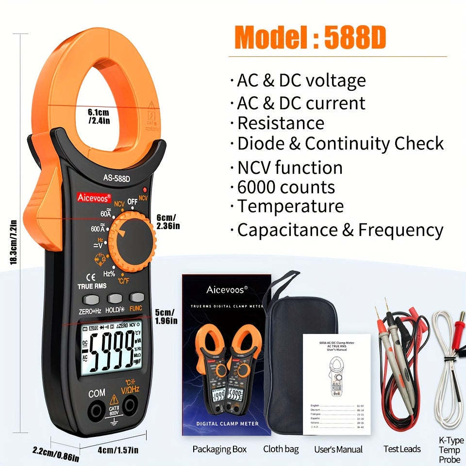 Aicevoos Digital Clamp Meter, 6000 Counts 600A/1000A AC/DC Current, Auto Rang, True RMS Multimeter Ammeter Voltage Tester with NCV.