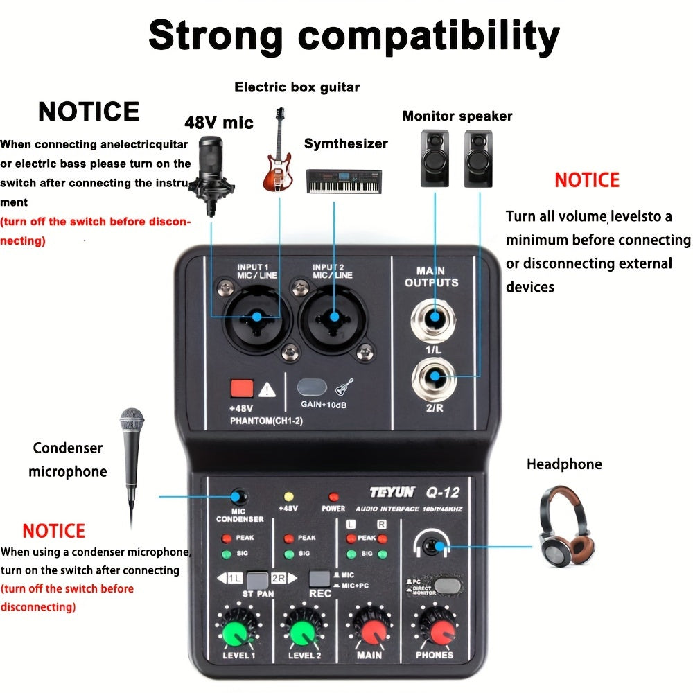 One black USB audio interface mixer with XLR inputs, phantom power, microphone jack, condenser mic support, and computer recording capabilities.