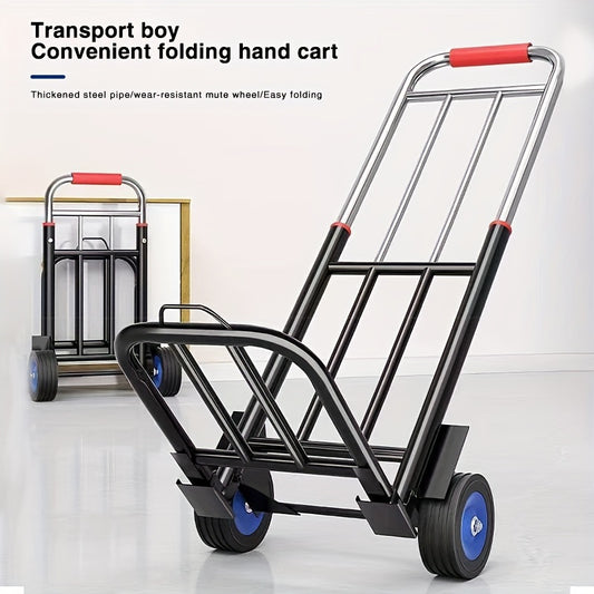 Folding hand truck with rubber wheels, retractable handle, supports up to 150kg, for home and office use.