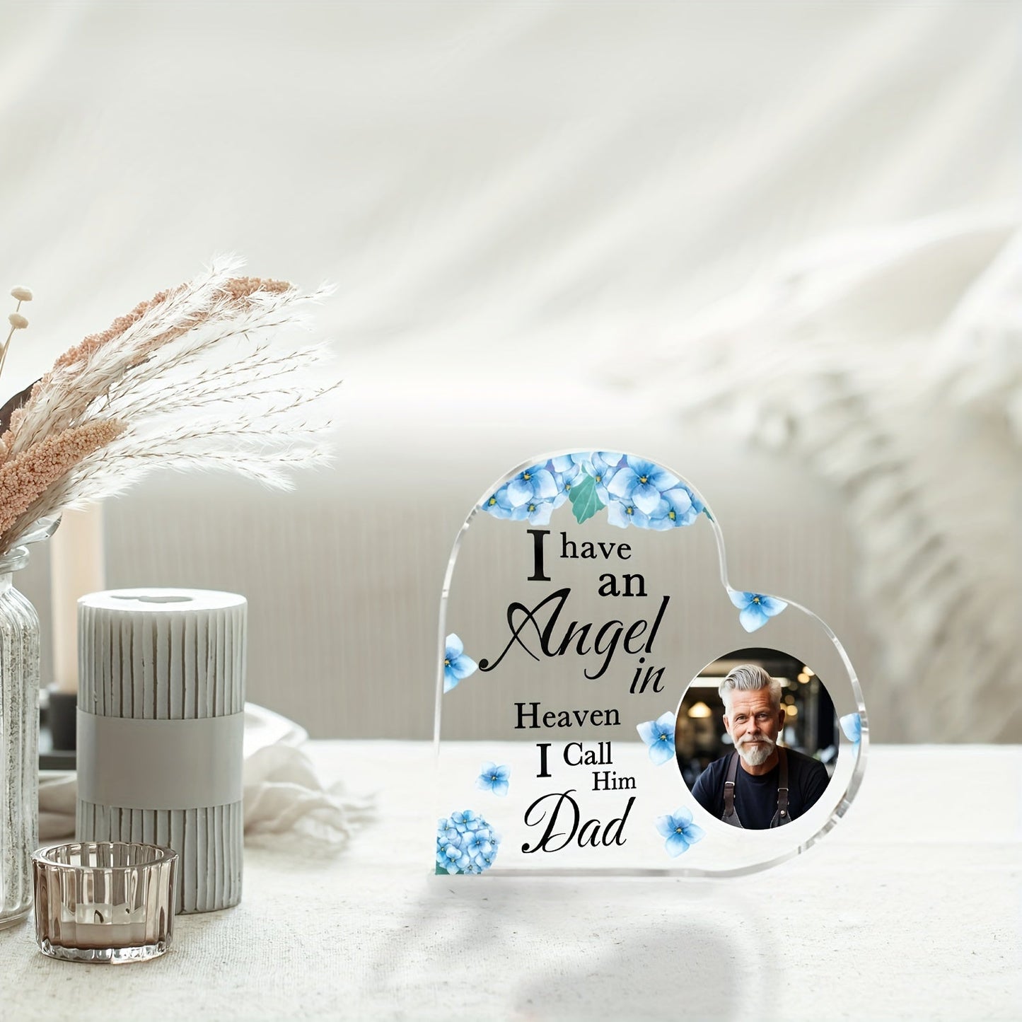 Customized Acrylic Heart-Shaped Photo Plaque honoring Dad's memory - "I Have a Guardian Angel in Heaven" - A Tribute for Father's Day, perfect for Home or Office Decoration