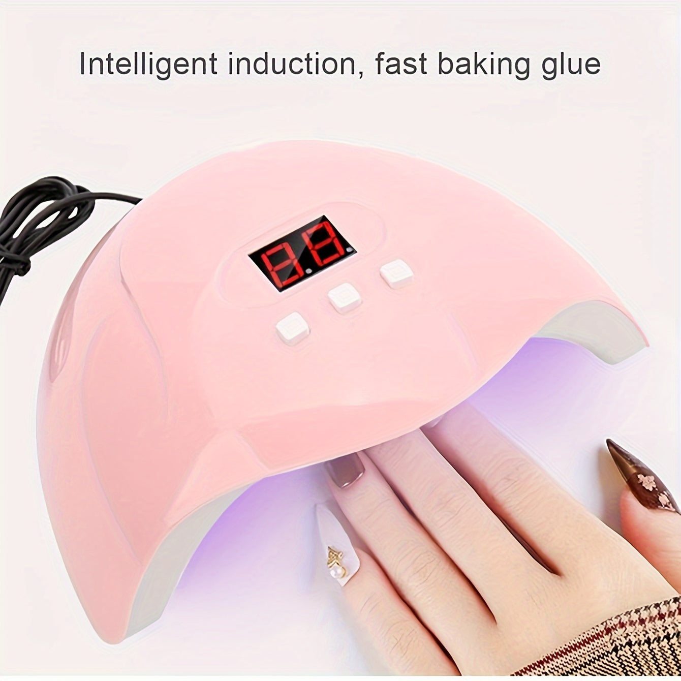 Nail art tool set with USB nail lamp, polisher, cuticle tools, and finger dividers.