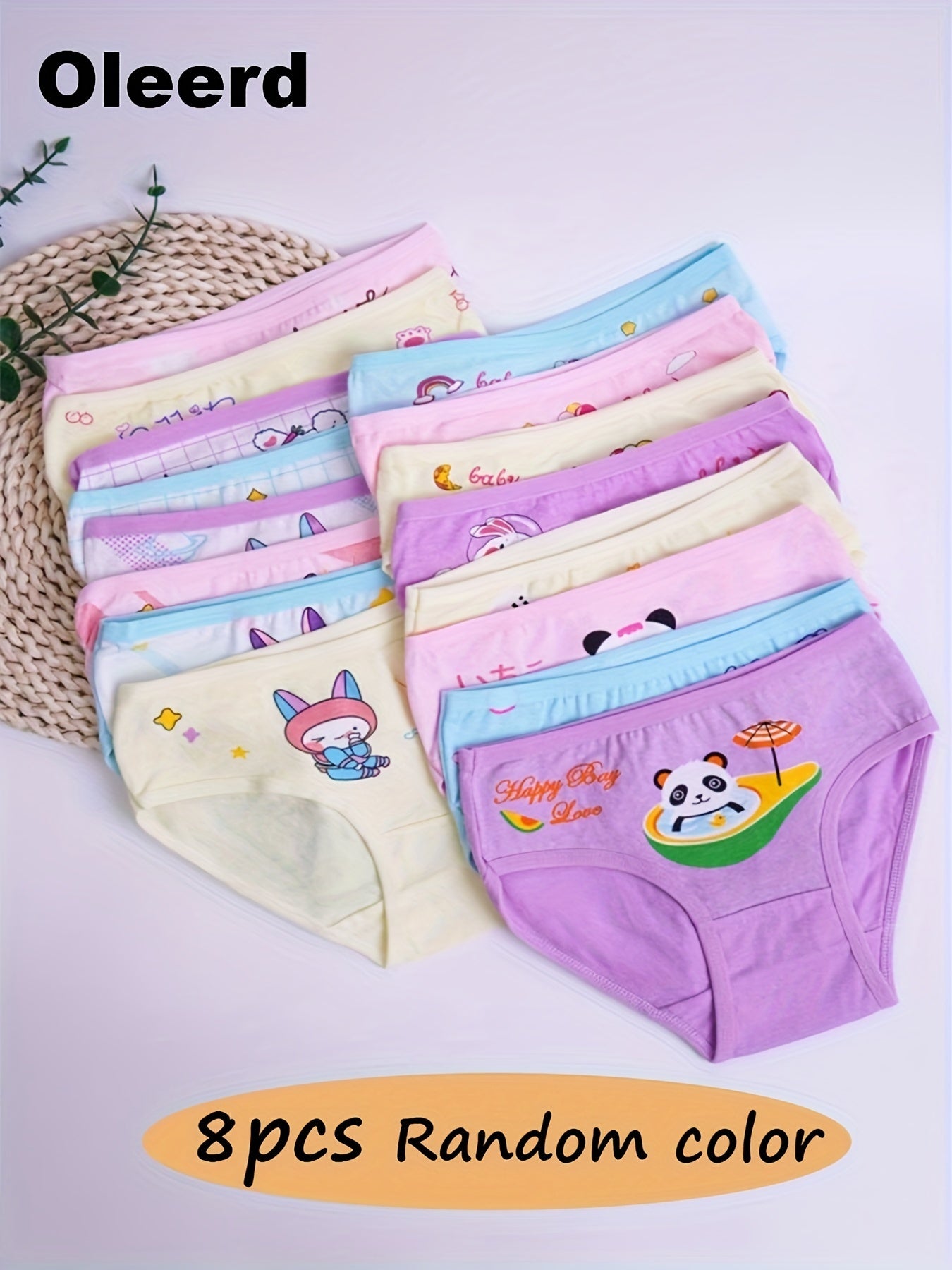 Girls' 8-pack cotton bikini panties with cartoon floral print, mid-waist, breathable knit - assorted colors by OLEERD.