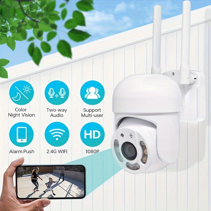 Outdoor WiFi security camera with waterproof design, featuring pan tilt automatic tracking and audio CCTV monitoring. This 360 IP camera provides day and night full-color AI humanoid motion detection, along with two-way voice intercom. Stay secure with