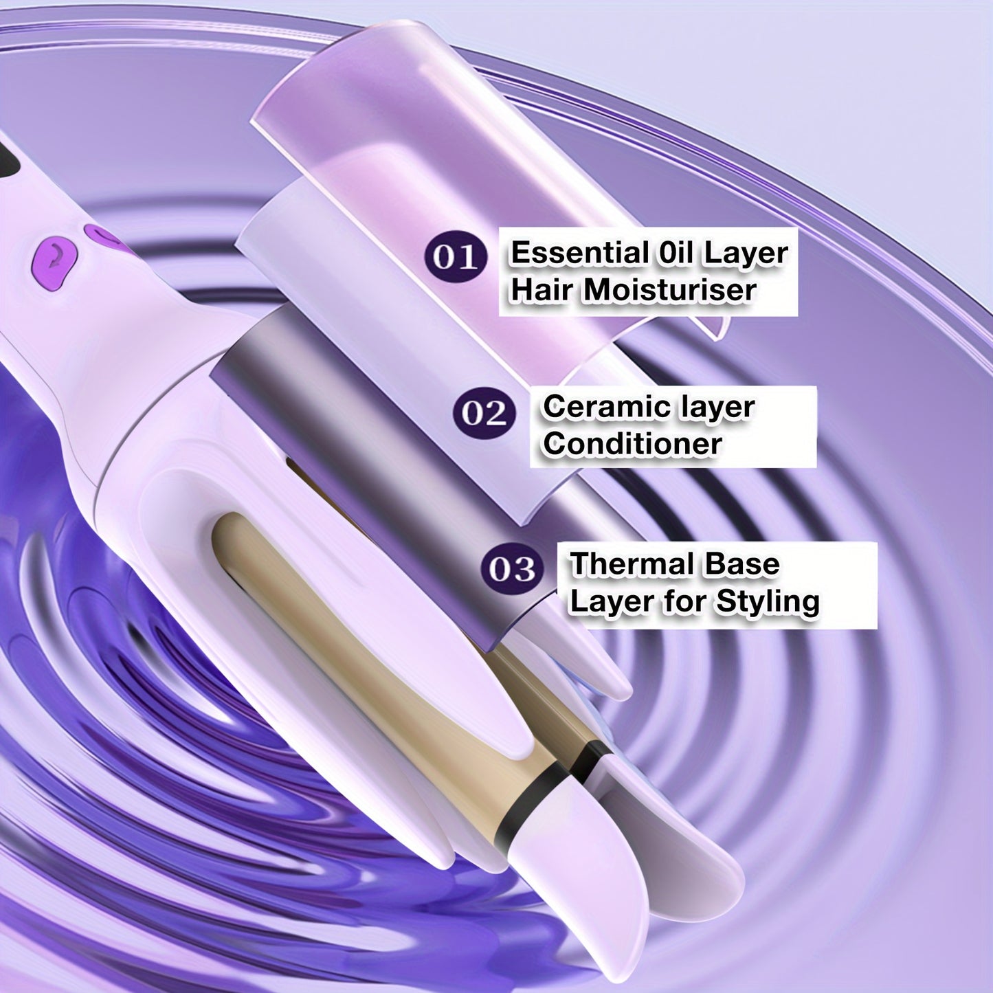 GENAI 28mm Large Barrel Automatic Hair Curler with 4 Temperature Modes, Negative Ion Generator, Timer & Auto Shut-Off, Stylish Purple & Golden Design for Easy Use by Women.