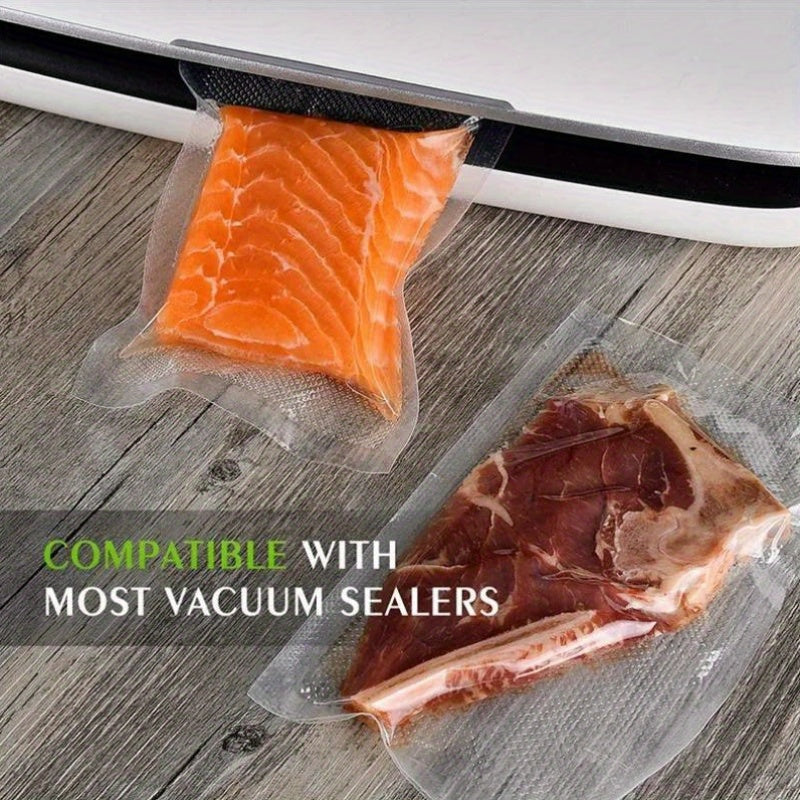 Set of 5 reusable vacuum sealer bags with strong puncture resistance, safe for freezer storage, no electricity required. Ideal for preserving and storing food.