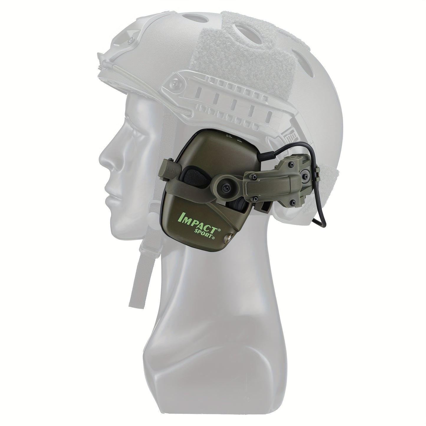 Helmet-mounted tactical shooting earmuffs with electronic sound pickup, active noise reduction, and no battery requirement.