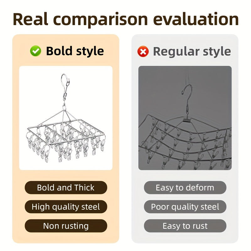 Essential Laundry Accessory: Stainless Steel Sock Drying Rack with Windproof Swivel Hook Hanger and 20/30/40 Clips for Socks, Bras, and Underwear