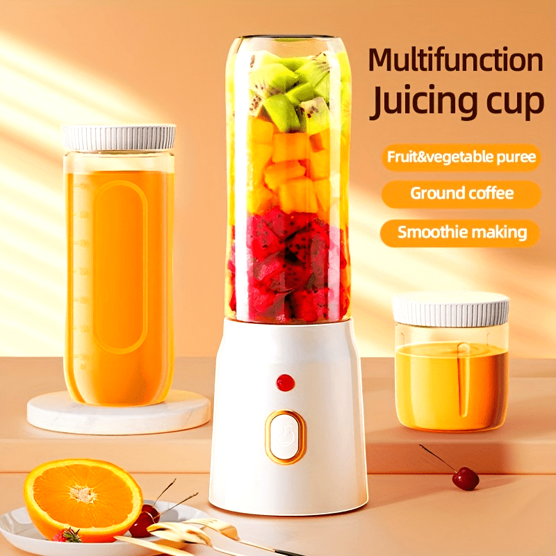 Introducing a set of electric juicing cups with a portable dual-cup design, ideal for students and home use. This versatile juicer is equipped with USB charging and runs on a lithium battery, making it ideal for family, dormitory, travel, and outdoor